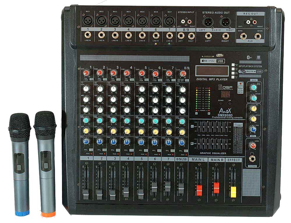 Миксер с вграден усилвател и 2 безжични микрофона DMX800D